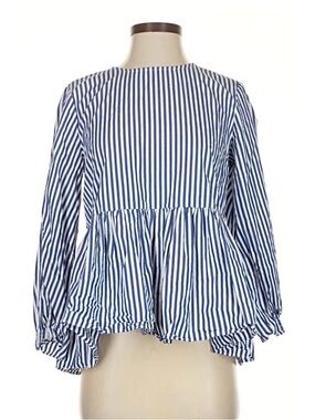 Tuckernuck Pomander Place Blue and White Striped Peplum Long-Sleeve Top